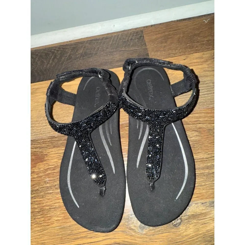 Aetrex Jade Sparkle Orthotic Thong‎ Sandal Black Size 6-6.5